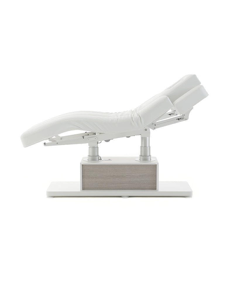 The Clair - Table de massage blanche avec détails motif chêne gris - avec moteur - avec accoudoirs réglables